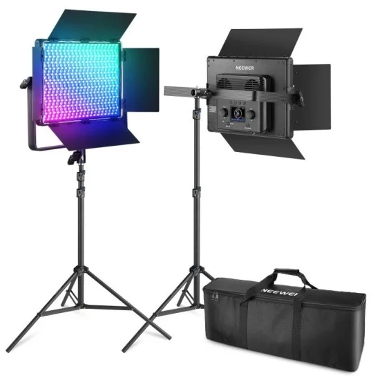 neewer 2&times;pl60c video light+2&times;200cm light stand+bag (eu) - Black